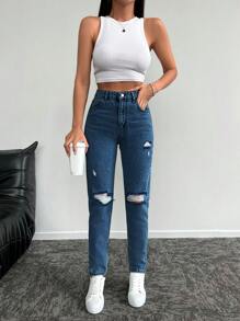 SHEIN Cottnline 女式破洞修身牛仔褲 - 水鴨藍 - 查看 5