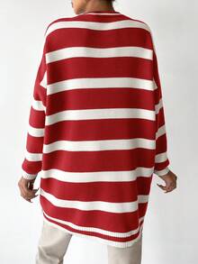 SHEIN Cottnline Striped Pattern Drop Shoulder Sweater - Red - View 2