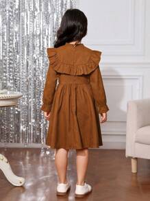 SHEIN Cô Gái Trẻ Vải to sợi Màu thuần Thanh lịch Lỏng lẻo phù hợp Đầm - màu nâu - Xem 2