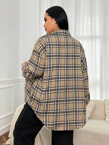 SHEIN EZwear 大碼格紋印花落肩袖襯衫 - 彩色 - 查看 2