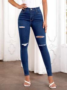 SHEIN EZwear Cao eo Quần jean rách - Rửa tối - Xem 1