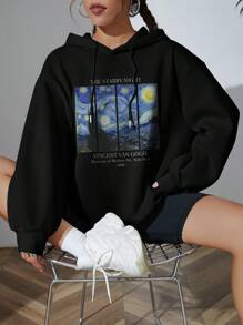 INAWLY 标语和油画图案落肩抽绳保暖内衬连帽衫 THE STARRY NIGHT，长袖上衣