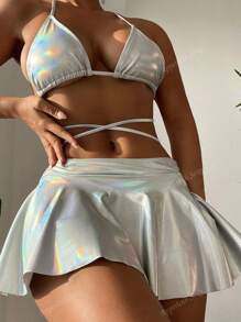 Ensemble fluorescent phosphorescent Glow-In-The-Dark Y3K Metallic 3 pièces, Top triangle holographique décolleté cœur et mini-jupe évasée et ensemble culotte pour soirée
