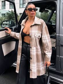 EURMUSE Plaid Print Drop Shoulder Flap Pocket Button Front Overcoat - Khaki - View 3