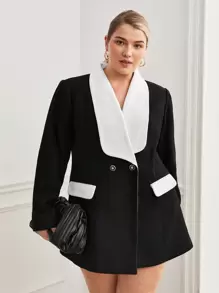 BizChic Plus Contrast Collar Flap Detail Overcoat - Black and White - View 7