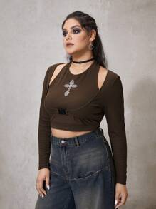 ROMWE PUNK Plus Buckle Detail Cross Print Halter Neck Crop Top - Bronze - View 5