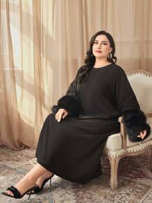 Al Najma Plus Fuzzy Cuff Trumpet Sleeve Tunic Dress - Black - View 3