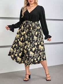 SHEIN VCAY 大碼印花荷葉袖繫腰帶洋裝 - 黑色 - 查看 5