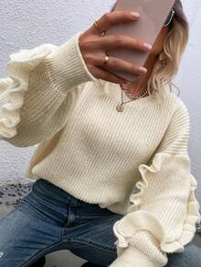 SHEIN LUNE Ruffle Trim Drop Shoulder Sweater - Apricot - View 3