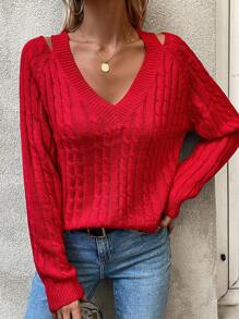 SHEIN Frenchy Jersey con abertura de manga raglán tejido de cable - Rojo - Ver 4