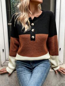 SHEIN Frenchy 撞色半排扣落肩袖套頭毛衣 - 彩色 - 查看 6