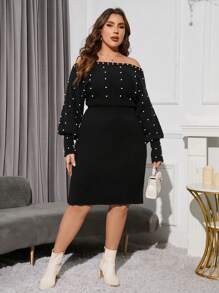 SHEIN Clasi Plus Pearls Beaded Off Shoulder Batwing Sleeve Sweater Dress - Black - View 6