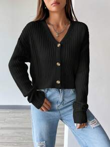 Flirla Drop Shoulder Button Front Ribbed Knit Cardigan,Ladies Spring/Fall Casual Button,Rib-Knit Drop Shoulder V Neck Loose Black Plain Women Cardigans,Casual Daily Wear,Long Sleeve Tops - Black - View 5