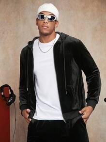 Manfinity AFTRDRK Men Zip Up Velvet Hoodie & Sweatpants - Black - View 4