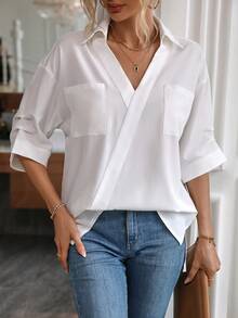 SHEIN Essnce Solid Pocket Patched Drop Shoulder Shirt - White - View 4