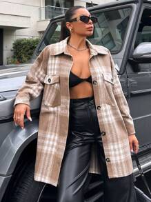 EURMUSE Plaid Print Drop Shoulder Flap Pocket Button Front Overcoat - Khaki - View 1