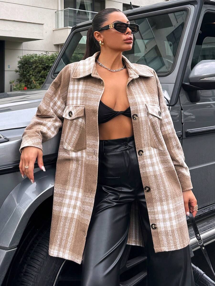 EURMUSE Plaid Print Drop Shoulder Flap Pocket Button Front Overcoat - Khaki - View 1