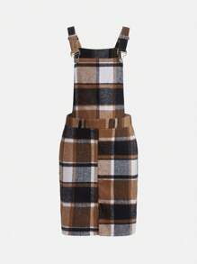 青少年女孩格紋印花背帶洋裝不帶上衣