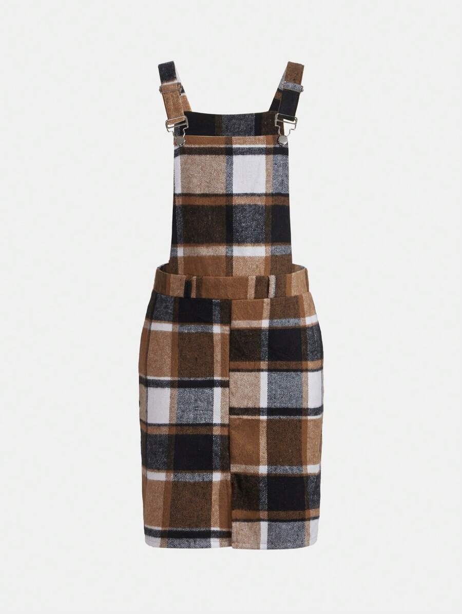 青少年女孩格紋印花背帶洋裝不帶上衣