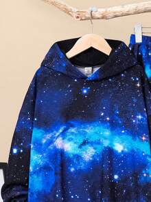 SHEIN Bé trai tuổi teen Giải trí Hoodie Và Quần Bộ Với In Ngân hà - Màu xanh hải quân - Xem 3