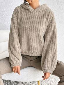 SHEIN EZwear Drop Shoulder Fleece Hoodie - Khaki - View 2