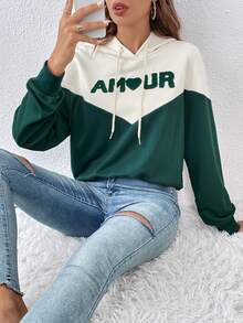 SHEIN Frenchy 字母圖案撞色落肩袖抽繩連帽衫 - 彩色 - 查看 5