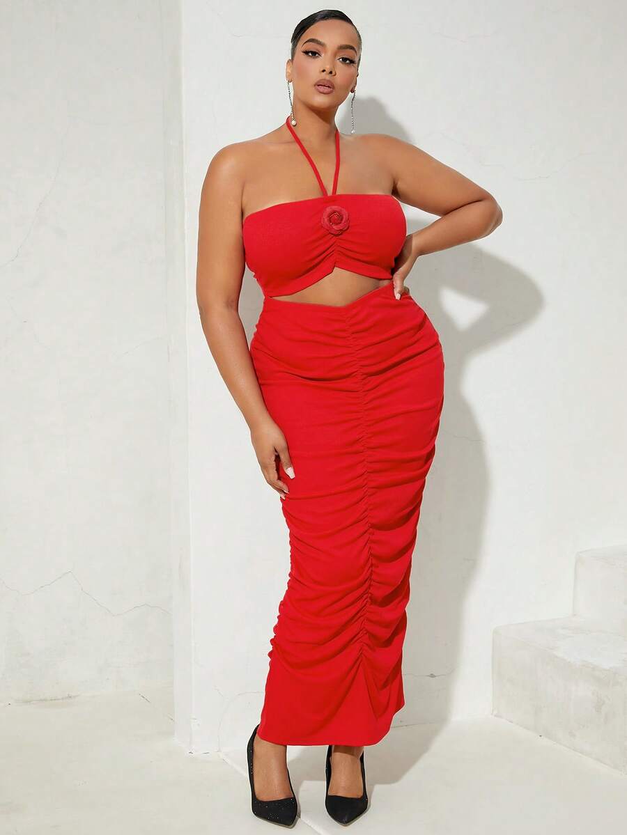 SHEIN SXY Hơn Cắt ra phía trước Xù Halter Neck Không lưng Đầm - Đỏ - Xem 1