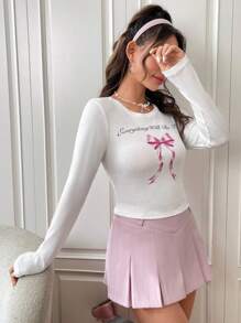 SHEIN EZwear 蝴蝶結&標語圖案T恤 - 白色 - 查看 5