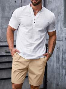 Manfinity VCAY Men Button Front Shirt & Drawstring Waist Shorts - Khaki - View 1