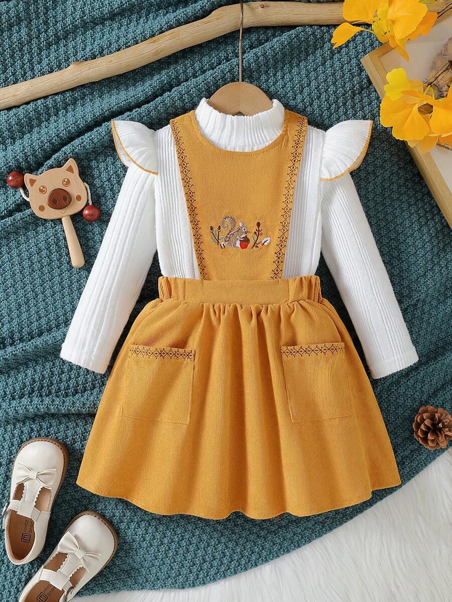 SHEIN 女小童荷葉邊T恤和卡通刺繡背帶洋裝 - 駝色 - 查看 1