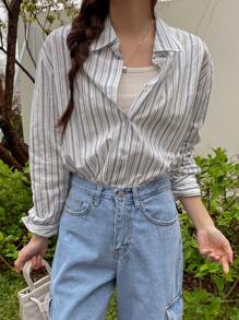 DAZY Striped Print Button Front Shirt Long Sleeve Top - Multicolor - View 8