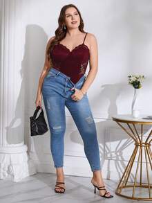 SHEIN Privé 大碼蕾絲拼接緊身吊帶連體衣 - 酒紅色 - 查看 6