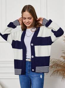 SHEIN Cottnline كارديجان مخطط بألوان متباينة للفتيات المراهقات - ازرق وابيض - مشاهدة 5