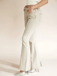 SHEIN BAE 牛仔喇叭褲 - 米色 - 查看 3