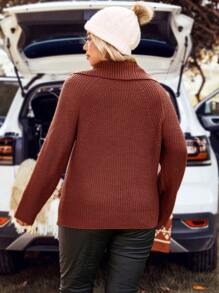 SHEIN LUNE Plus Half Zip Raglan Sleeve Sweater - Rust Brown - View 2