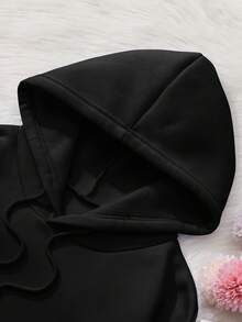 SHEIN EZwear 加大码花卉字母图案抽绳保暖内衬卫衣 - 黑色 - 查看 3