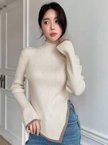 DAZY 女士纯色立领不对称下摆休闲商务毛衣，秋季，长袖上衣 - 杏色 - 查看 6