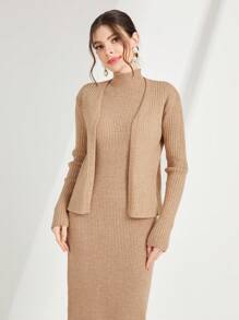 Seusyu Rib Knit Cardigan & Mock Neck Sweater Dress 2 Piece Set Fall Cloth For Women - Khaki - View 6