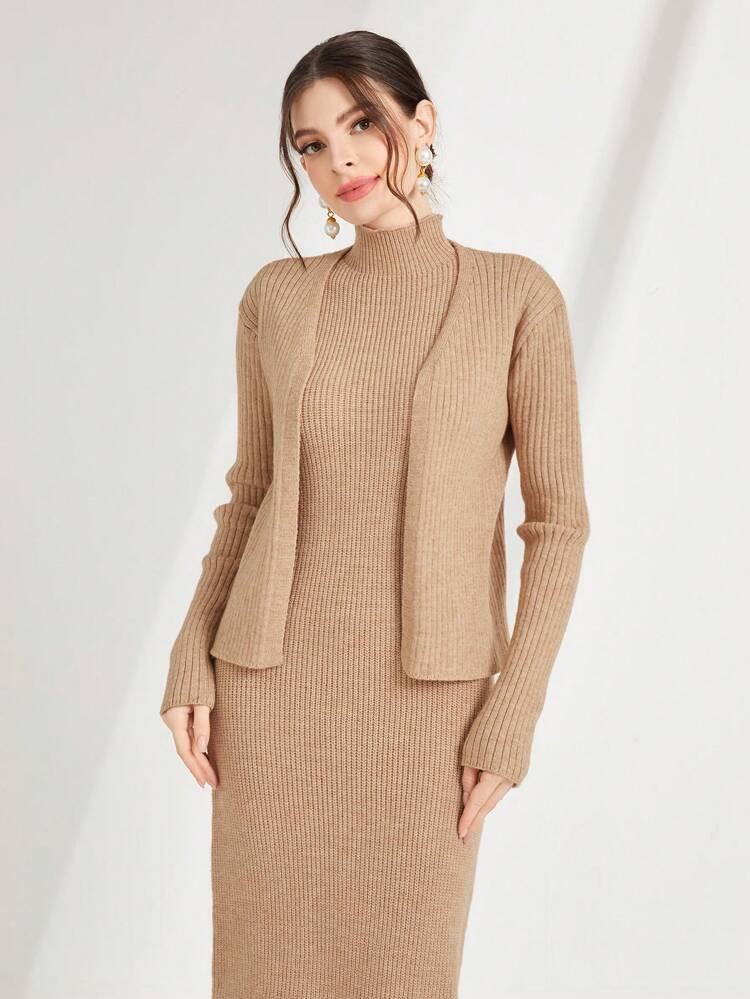 Rib Knit Cardigan & Mock Neck Sweater Dress 2 Piece Set Fall Cloth For Women