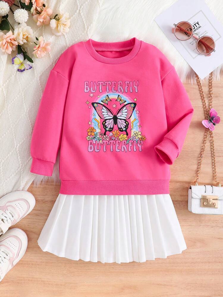 Young Girl Letter & Butterfly Print Sweatshirt & Pleated Skirt