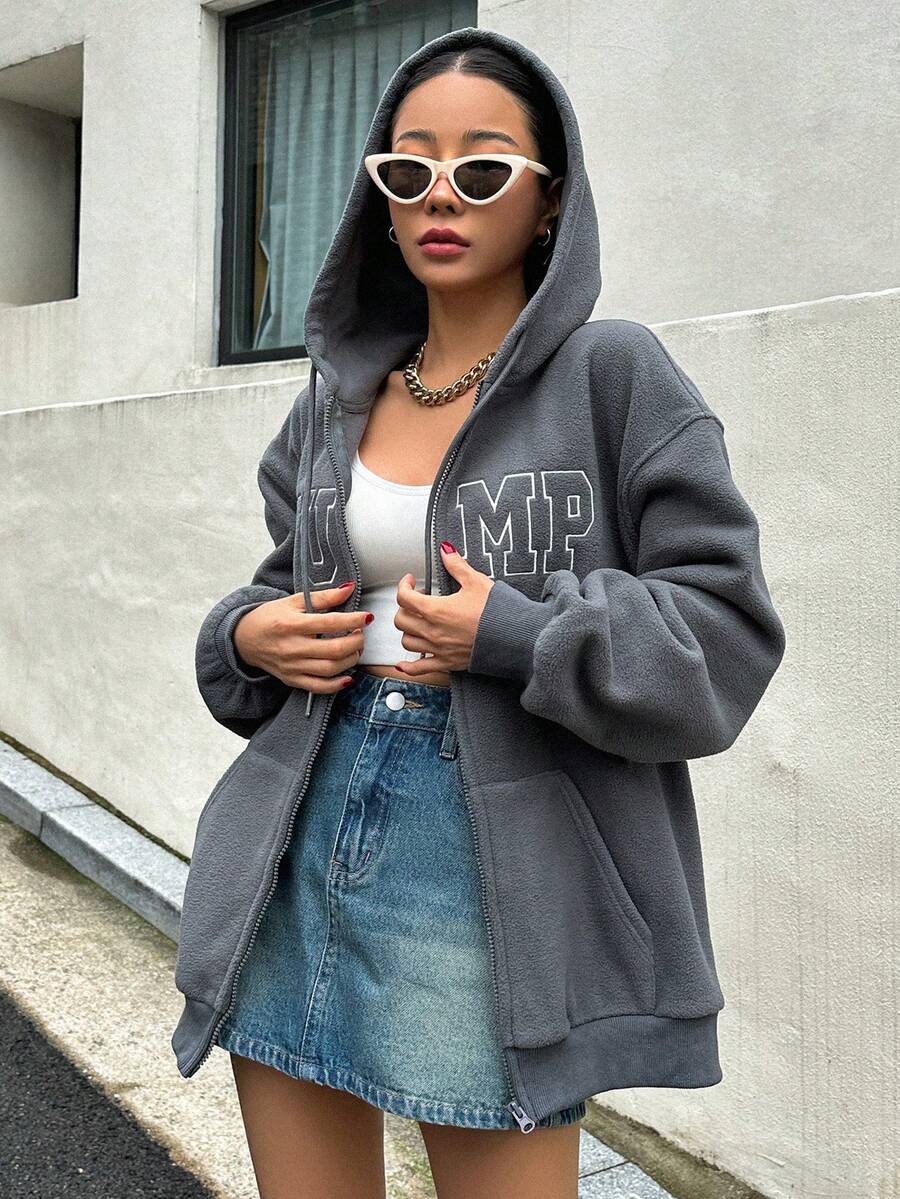 DAZY Letter Embroidery Zip Up Drop Shoulder Drawstring Hooded Jacket - Dark Grey - View 1