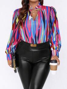 SHEIN LUNE Plus Allover Print Notched Neckline Lantern Sleeve Blouse - Multicolor - View 6