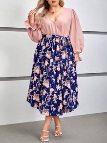 SHEIN VCAY Hơn In hoa Tay áo loe Váy có thắt lưng - Bụi hồng - Xem 5