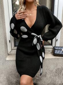 Chiquease Polka Dot Pattern Lantern Sleeve Wrap Belted Sweater Dress - Black and White - View 5