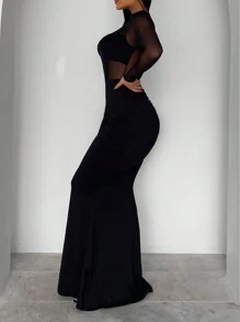 VaVaBold 撞色网纱美人鱼下摆紧身连衣裙长款女装 - 黑色 - 查看 4