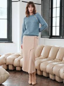 Anewsta Chi tiết Nút Tay Raglan Áo len - Màu xanh lam - Xem 6