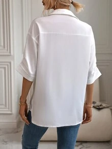 SHEIN Essnce Solid Pocket Patched Drop Shoulder Shirt - White - View 2
