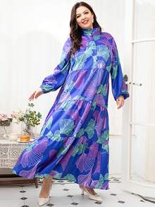 Plus Floral Print Lantern Sleeve Ruffle Hem Arabian Dress - Blue - View 3