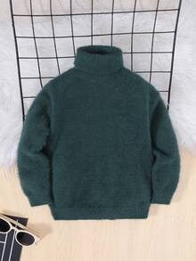 SHEIN Young Boy Solid Turtleneck Sweater - Dark Green - View 3