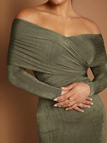 SHEIN BAE 一字肩褶邊緊身洋裝 - 軍綠色 - 查看 8